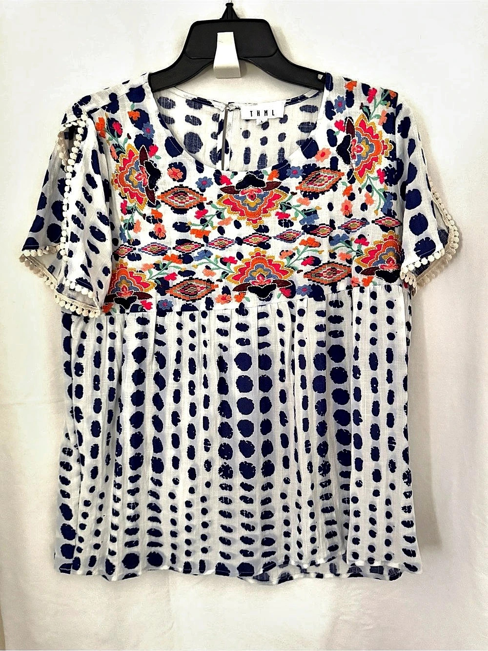 THML Geometric Embroidered Blouse in White & Blue Size Large Like